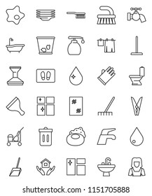 thin line vector icon set - soap vector, scraper, cleaner trolley, water tap, fetlock, mop, scoop, rake, clothespin, trash bin, drop, car, window cleaning, splotch, welcome mat, bath, toilet, liquid