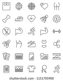 thin line vector icon set - barbell vector, measuring, scales, heart pulse, clipboard, pills vial, jump rope, muscule hand, buttocks, swimsuite, t shirt, target, medal, molecule, monitor, calendar