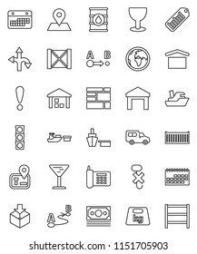 thin line vector icon set - route vector, navigator, earth, map pin, attention, money, traffic light, phone, ship, sea container, car, calendar, port, wood box, consolidated cargo, glass, dry