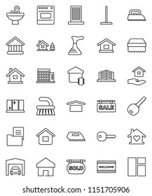 thin line vector icon set - plunger vector, fetlock, mop, sponge, welcome mat, shining window, house hold, sink, university, dry cargo, home, key, chalet, garage, estate document, sale signboard