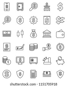 thin line vector icon set - bank vector, exchange, japanese candle, cash, money bag, piggy, investment, coin stack, check, building, search, dollar medal, shield, safe, monitor, sign, receipt