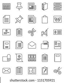 thin line vector icon set - cleaner trolley vector, book, copybook, schedule, certificate, document, annual report, receipt, binder, clipboard, fitness mat, newspaper, thumbtack, mail, plan, gift