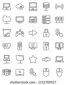thin line vector icon set - trash bin vector, notebook pc, laptop graph, monitor dollar, cursor, heart, favorites, server, network, folder, cloud lock, big data, lan connector, arrow, wireless