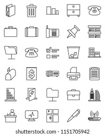 thin line vector icon set - trash bin vector, shining window, student, case, pen, clipboard, archive, exam, binder, receipt, sorting, classic phone, thumbtack, diagnostic monitor, medical room