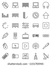 thin line vector icon set - pen vector, notebook pc, laptop graph, arrow up, clock, barcode, music hit, antenna, equalizer, headphones, play button, stop, hdmi, lan connector, bench, loading
