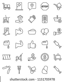 thin line vector icon set - cleaner trolley vector, foam basin, rubber glove, house hold, mixer, blender, dollar coin, investment, hand trainer, muscule, boxing, traking, cargo, finger up, crutches