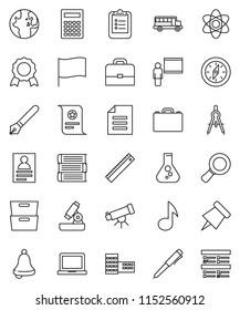 thin line vector icon set - book vector, pen, school building, blackboard, ruler, drawing compass, case, atom, telescope, microscope, bell, calculator, notebook pc, clipboard, paper pin, medal, bus