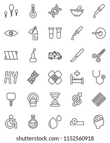 thin line vector icon set - disabled vector, thermometer, flask, vial, eye, gender sign, dna, insemination, dropper, crutches, scissors, scalpel, sand clock, patch, stethoscope, pills blister, sperm