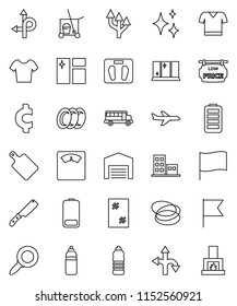 thin line vector icon set - cleaner trolley vector, shining, window cleaning, plates, knife, cutting board, school bus, flag, magnifier, cent sign, scales, t shirt, water bottle, hoop, route, plane