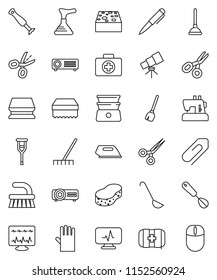 thin line vector icon set - plunger vector, broom, fetlock, rake, sponge, rubber glove, whisk, ladle, double boiler, pen, telescope, scissors, first aid kit, crutches, diagnostic monitor, attachment