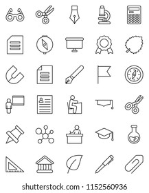 thin line vector icon set - graduate hat vector, pen, blackboard, corner ruler, glasses, student, microscope, calculator, paper pin, compass, medal, magnet, scissors, document, personal information