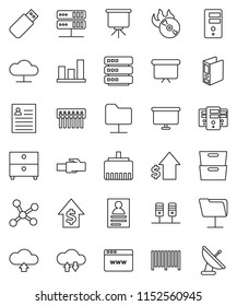 thin line vector icon set - presentation vector, archive, personal information, graph, dollar growth, binder, board, music hit, network, server, folder, cloud, exchange, big data, browser, hub, usb