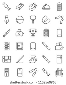 thin line vector icon set - camping cauldron vector, spatula, knife, grater, blender, dish, pen, award cup, magnet, gold ingot, safe, hand trainer, consolidated cargo, battery, scalpel, fridge