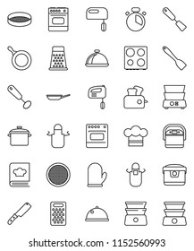 thin line vector icon set - pan vector, cook hat, apron, glove, timer, whisk, spatula, knife, grater, oven, double boiler, cookbook, sieve, dish, mixer, multi cooker, toaster