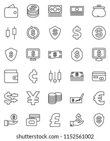 thin line vector icon set - exchange vector, japanese candle, credit card, wallet, cash, investment, coin stack, check, dollar shield, monitor, euro sign, pound, yen, cent, money