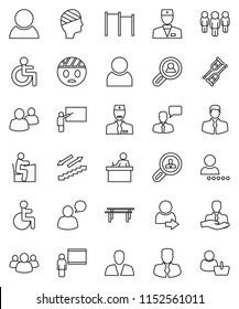 thin line vector icon set - blackboard vector, student, manager, man, horizontal bar, stairways run, client, speaking, group, disabled, doctor, crutches, head bandage, user, login, search, consumer