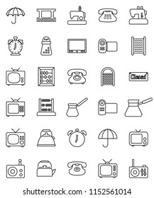 thin line vector icon set - washboard vector, kettle, hand mill, turk coffee, alarm clock, abacus, phone, umbrella, film frame, radio, tv, classic, closed, video camera, sewing machine