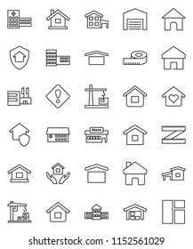 thin line vector icon set - house hold vector, school building, measuring, dry cargo, hospital, home, attention sign, cottage, barn, love, construction crane, protect, mall, window