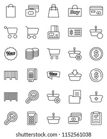 thin line vector icon set - dollar coin vector, cart, credit card, stack, receipt, estate document, search, new, shopping bag, buy, barcode, reader, basket, list