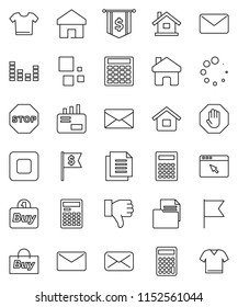 thin line vector icon set - calculator vector, flag, dollar, document, equalizer, finger down, mail, stop button, browser, home, loading, house, buy, clothes