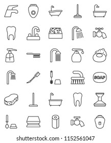 thin line vector icon set - soap vector, water tap, fetlock, mop, sponge, car, bath, toilet brush, liquid, paper, shower, tooth, epilator