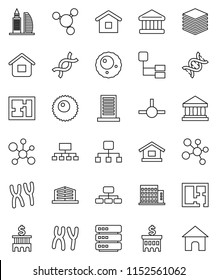 thin line vector icon set - molecule vector, bank, building, hierarchy, dna, chromosomes, ovule, connect, big data, plan, apartments, office, home