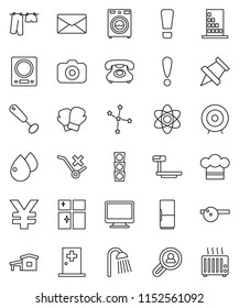 thin line vector icon set - drying clothes vector, washer, shining window, shower, cook hat, whisk, atom, paper pin, constellation, target, yen sign, boxing glove, attention, traffic light, phone