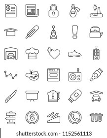 thin line vector icon set - kettle vector, cook hat, knife, constellation, dollar coin, annual report, presentation board, snickers, stairways run, signpost, dry cargo, radio, antenna, newspaper