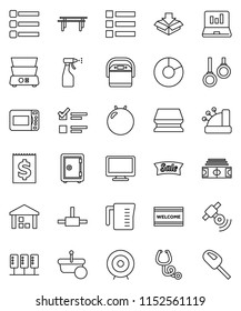 thin line vector icon set - sponge vector, welcome mat, sprayer, measuring cup, double boiler, exam, pie graph, laptop, target, safe, stadium, horizontal bar, fitball, gymnast rings, receipt, server