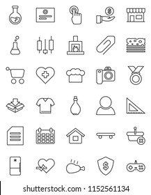 thin line vector icon set - oil vector, cook hat, chicken leg, corner ruler, certificate, document, flask, japanese candle, investment, dollar shield, calendar, skateboard, medal, breads, pulse