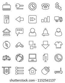 thin line vector icon set - bell vector, compass, university, arrow down, dollar flag, cursor, clock, sorting, notebook pc, forward button, rca, pills, amkbulance car, connection, server, menu, user