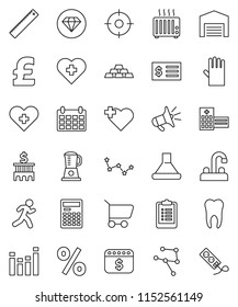 thin line vector icon set - rubber glove vector, water tap, ruler, calculator, constellation, bank building, receipt, dollar calendar, pound, gold ingot, clipboard, heart cross, run, equalizer, barn