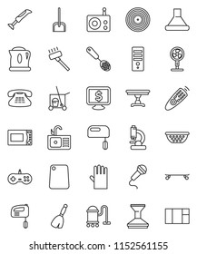 thin line vector icon set - cleaner trolley vector, broom, vacuum, scoop, car fetlock, rubber glove, sink, colander, skimmer, cutting board, microwave oven, monitor dollar, skateboard, disk, radio