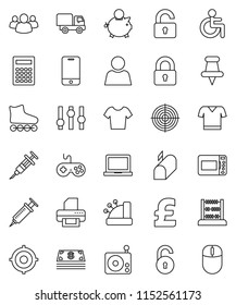thin line vector icon set - calculator vector, notebook pc, abacus, piggy bank, target, pound, t shirt, roller Skates, radio, gamepad, settings, mobile phone, group, thumbtack, disabled, syringe
