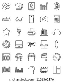 thin line vector icon set - plates vector, scales, mixer, glasses, exchange, annual report, calculator, clock, man, calendar, target, stadium, camera, equalizer, headphones, notebook pc, network