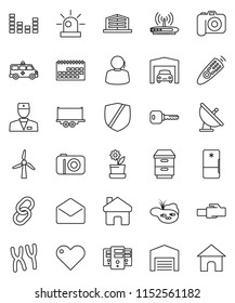 thin line vector icon set - support vector, truck trailer, calendar, protected, satellite antenna, camera, equalizer, remote control, link, heart, mail, doctor, chromosomes, amkbulance car, server