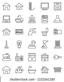 thin line vector icon set - plunger vector, water tap, toilet, oven, double boiler, home, house, sold signboard, bath, love, fireplace, building, password, meat grinder, hood, monitor, video camera