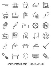 thin line vector icon set - fetlock vector, rake, skimmer, glasses, student, music, annual report, pound, roller Skates, pool, no fastfood, truck trailer, dry cargo, package, film spool, link, sperm