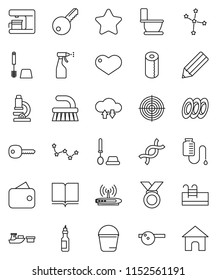 thin line vector icon set - fetlock vector, bucket, toilet, brush, sprayer, paper, plates, oil, book, pencil, microscope, constellation, target, medal, port, heart, dna, eye doctor hat, drop counter
