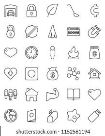 thin line vector icon set - splotch vector, towel, ladle, book, magnet, leaf, money bag, clock, man, cent sign, muscule hand, molecule, heart cross, earth, flammable, rec button, home, lock, house
