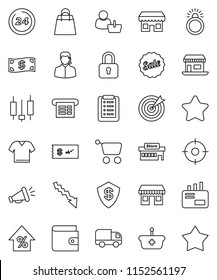 thin line vector icon set - japanese candle vector, wallet, crisis, percent growth, office, cash, star, sale, 24 hour, shopping bag, store, mall, customer, support, target, receipt, basket, cart