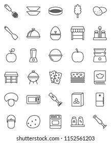 thin line vector icon set - camping cauldron vector, cook timer, skimmer, spatula, double boiler, cookbook, spices, blender, bbq, plates, sieve, dish, cereal, mushroom, potato, apple fruit, diet