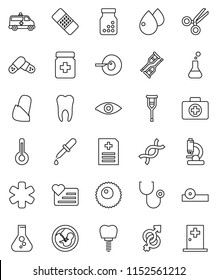 thin line vector icon set - flask vector, heart monitor, first aid kit, ambulance star, thermometer, eye, gender sign, dna, pregnancy, insemination, dropper, crutches, scissors, patch, stethoscope