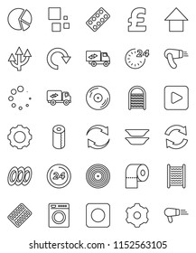 thin line vector icon set - washboard vector, toilet paper, plates, pie graph, arrow up, pound, disk, play button, rec, pills blister, gear, refresh, redo, loading, route, relocation truck, 24 hour
