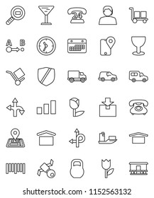 thin line vector icon set - route vector, navigator, satellite, phone, 24, support, traking, ship, delivery, car, clock, calendar, glass, cargo, dry, tulip, package, sorting, protected, weight