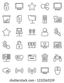 thin line vector icon set - trash bin vector, laptop graph, dollar cursor, heart monitor, support, gamepad, favorites, server, notebook network, folder, cloud lock, browser, share, document, unlock