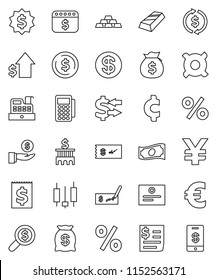 thin line vector icon set - certificate vector, exchange, dollar coin, gold ingot, japanese candle, cash, money bag, investment, growth, check, bank building, search, medal, calendar, any currency