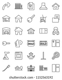 thin line vector icon set - plunger vector, cleaner trolley, mop, car fetlock, window cleaning, steaming, house hold, woman, university, school building, warehouse, home, key, chalet, garage, search