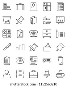 thin line vector icon set - trash bin vector, shining window, student, case, pen, paper pin, archive, exam, binder, clipboard, phone, receipt, sorting, classic, thumbtack, diagnostic monitor, user