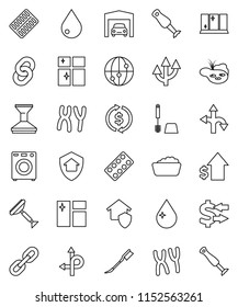 thin line vector icon set - scraper vector, water drop, car fetlock, window cleaning, toilet brush, foam basin, shining, blender, exchange, dollar growth, route, internet, pills blister, chromosomes